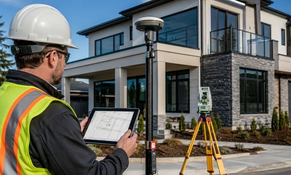 Surveyor documenting a completed building during an as-built survey after construction
