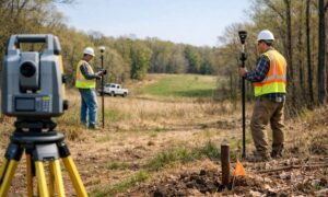 Boundary survey field crew property line - ALTA SURVEY Virginia Two land surveyors use GPS and surveying equipment to locate a property corner on an undeveloped lot during a boundary survey