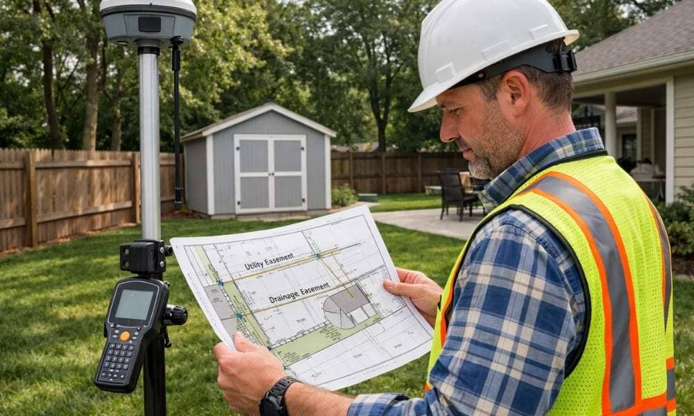 Surveyor reviewing a property survey that reveals hidden utility and drainage easements on a residential lot