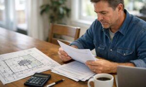Property survey refinancing home equity loan - ALTA SURVEY Virginia Homeowner reviewing refinancing documents with a property survey and mortgage paperwork on the table before a home equity loan application