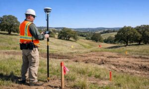 Land surveyor performing a topographic survey before land development to measure elevations, terrain, and existing site features