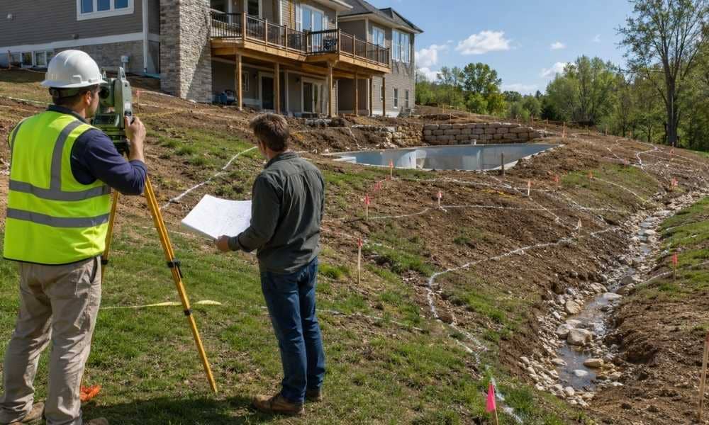 Surveyor mapping elevation changes on a sloped residential construction site to support grading, drainage, and site planning