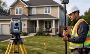 Land surveyor conducting a mortgage survey at a Virginia residential property before closing