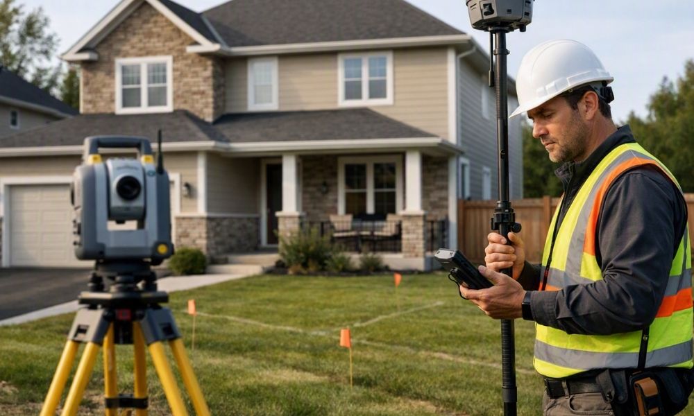 Land surveyor conducting a mortgage survey at a Virginia residential property before closing