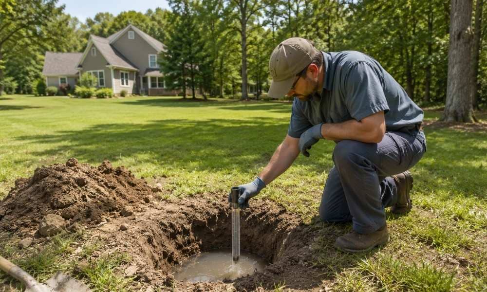 Soil specialist conducting a percolation test for septic planning in Virginia