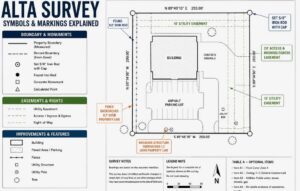 Illustration showing common ALTA survey symbols and markings, including property boundaries, easements, monuments, utility lines, and building footprints