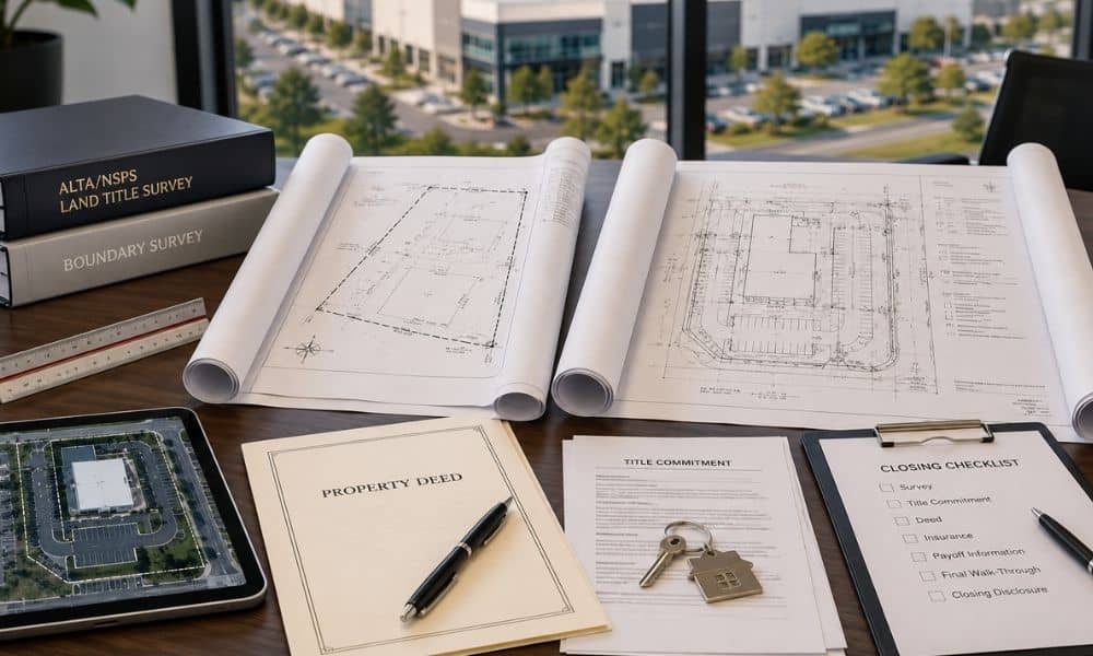 Survey plans, property documents, and a closing checklist comparing an ALTA survey and a boundary survey before a commercial real estate closing.