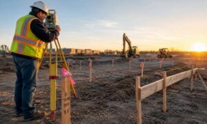 Licensed land surveyor using a total station to perform construction staking and foundation layout on a commercial job site before construction begins
