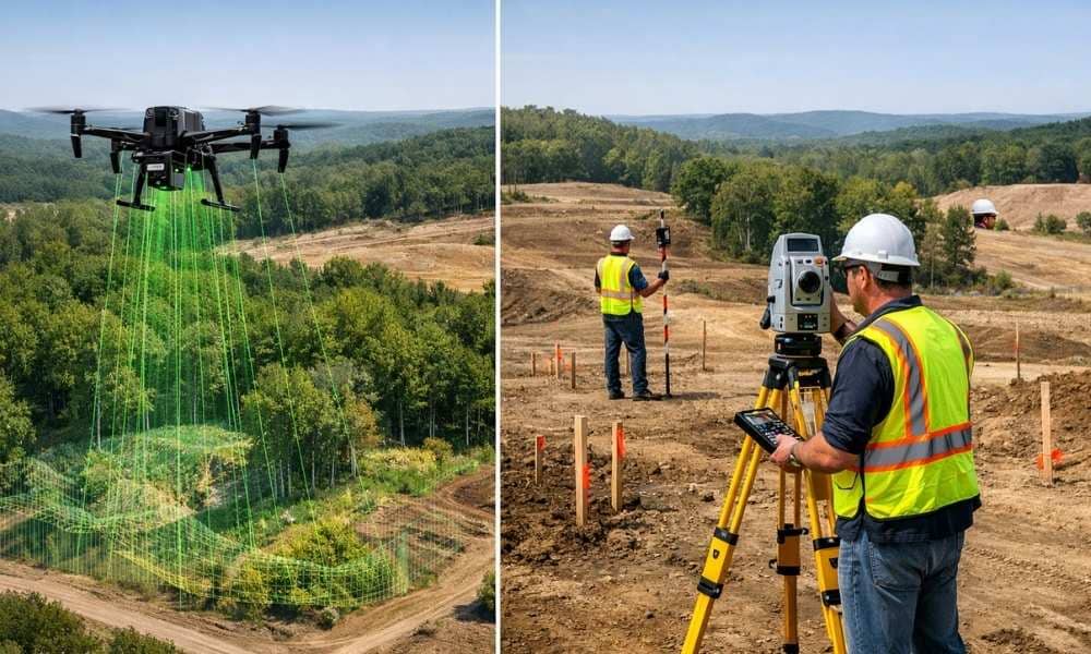 Drone LiDAR surveying compared with a traditional land survey using a total station on a land development site
