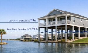 An elevated coastal home with its lowest floor elevation shown above the Base Flood Elevation (BFE), illustrating how an elevation certificate can affect flood insurance premiums