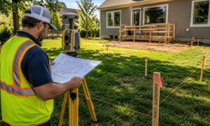 A surveyor uses professional equipment to conduct a land survey for a planned home addition on a residential property