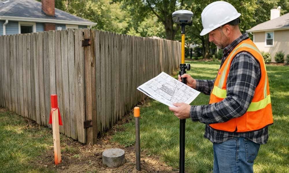 Licensed land surveyor verifying a property boundary where a neighbor's fence crosses the property line