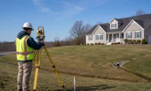 Land surveyor measuring property elevations in Virginia during an elevation survey for residential site planning and documentation