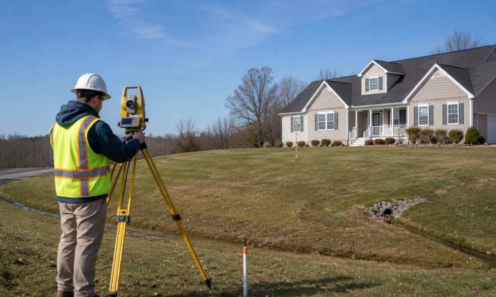 Land surveyor measuring property elevations in Virginia during an elevation survey for residential site planning and documentation
