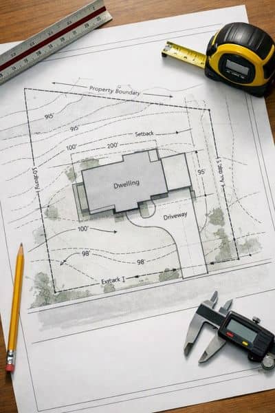 Site plan showing a home, driveway, property lines, and setback areas before construction in Virginia