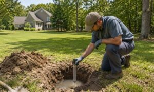 Soil specialist conducting a percolation test for septic planning in Virginia