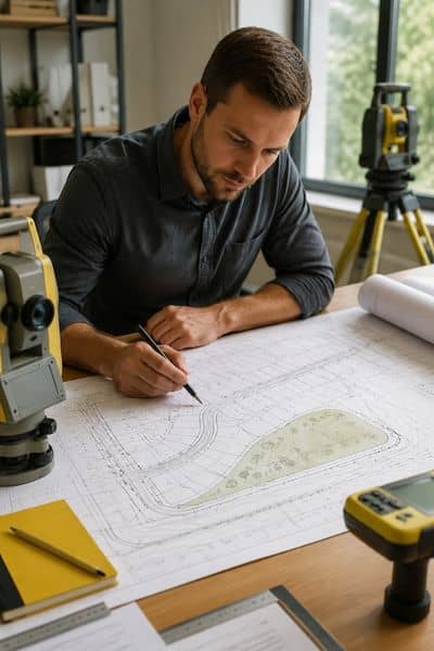 Surveyor reviewing subdivision plans and property layout documents in Virginia