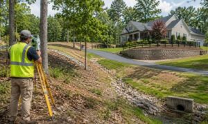 Surveyor conducting a topographic survey on a sloped residential property in Virginia