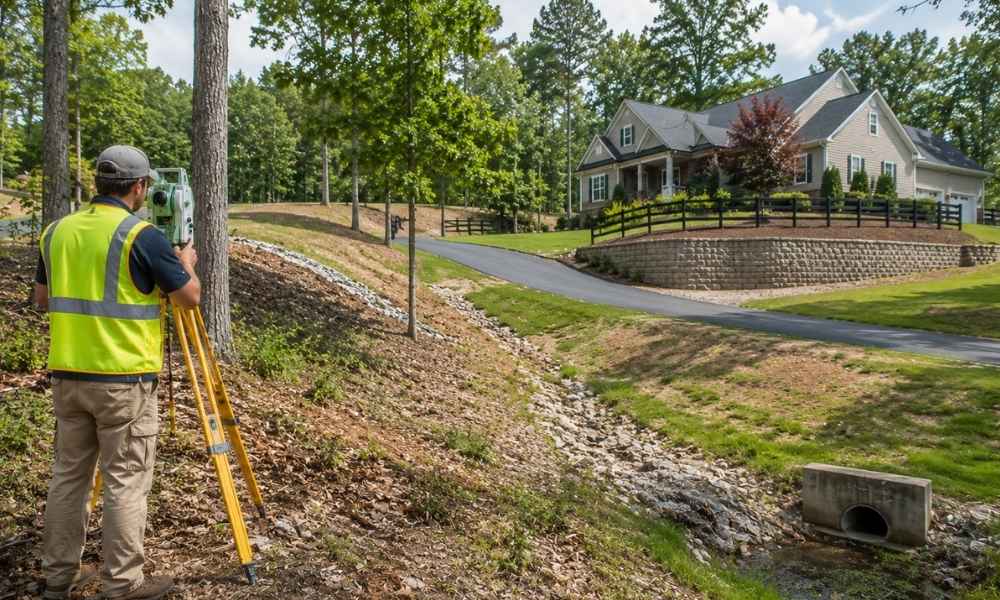 Surveyor conducting a topographic survey on a sloped residential property in Virginia
