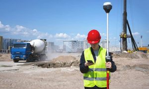 Construction surveyor establishing site control before grading